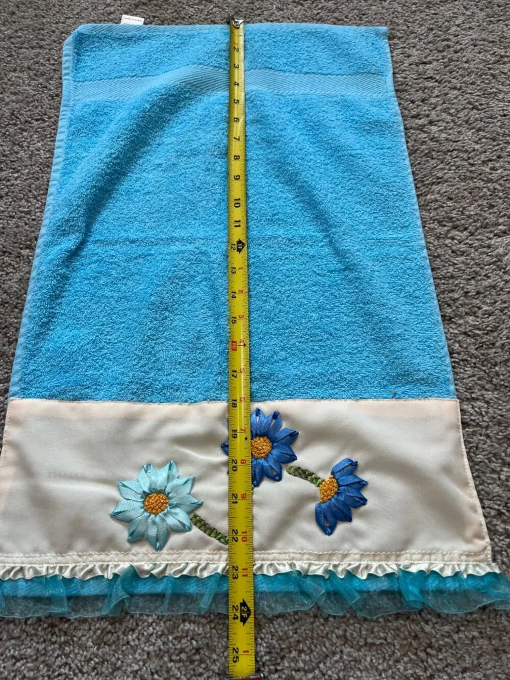 Vtg 3-Piece Bathroom Set Ribbon Embroidery Floral Ruffles Teal Blue Grannycore